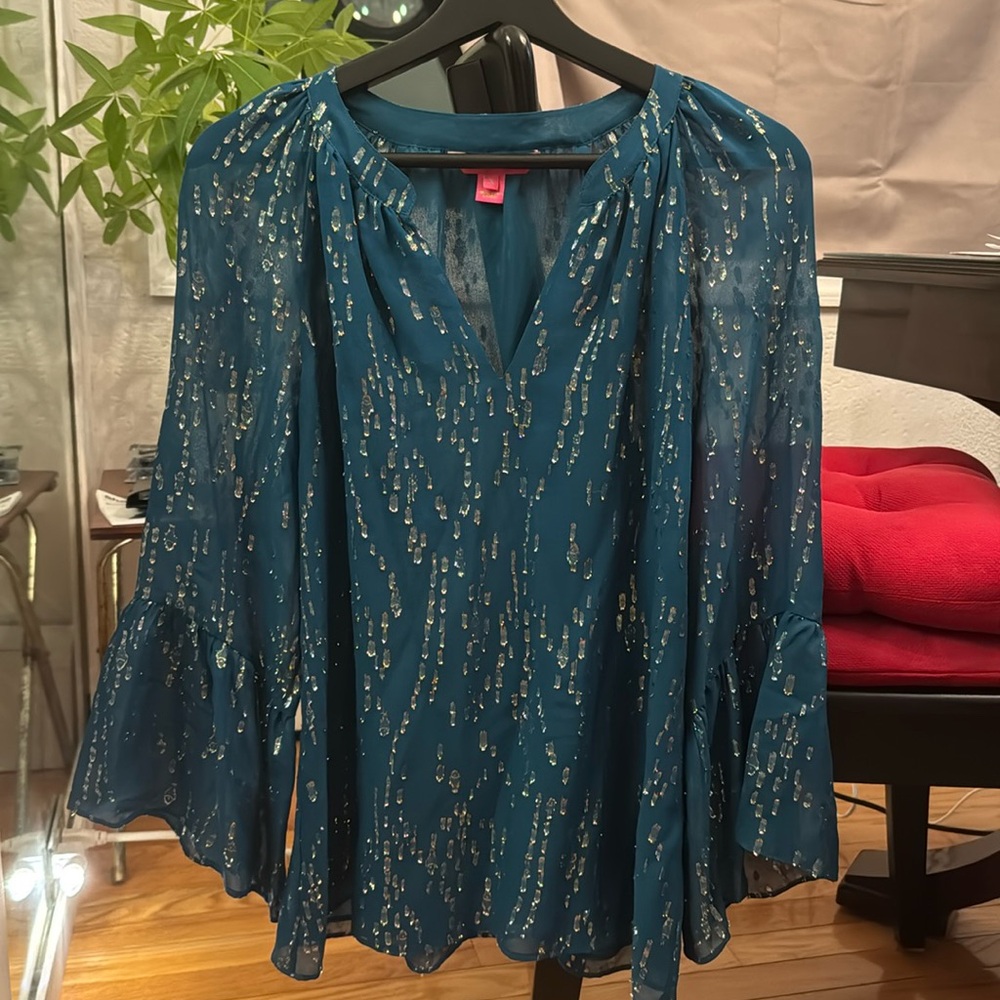 Lilly Pulitzer green blouse with gold and embellishments
